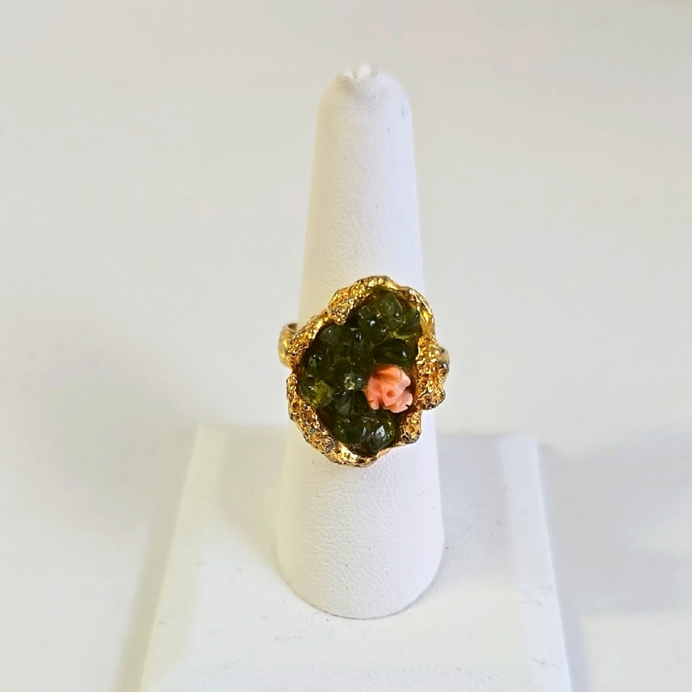 Elegant Gold and Green Genuine Coral Floral Ring